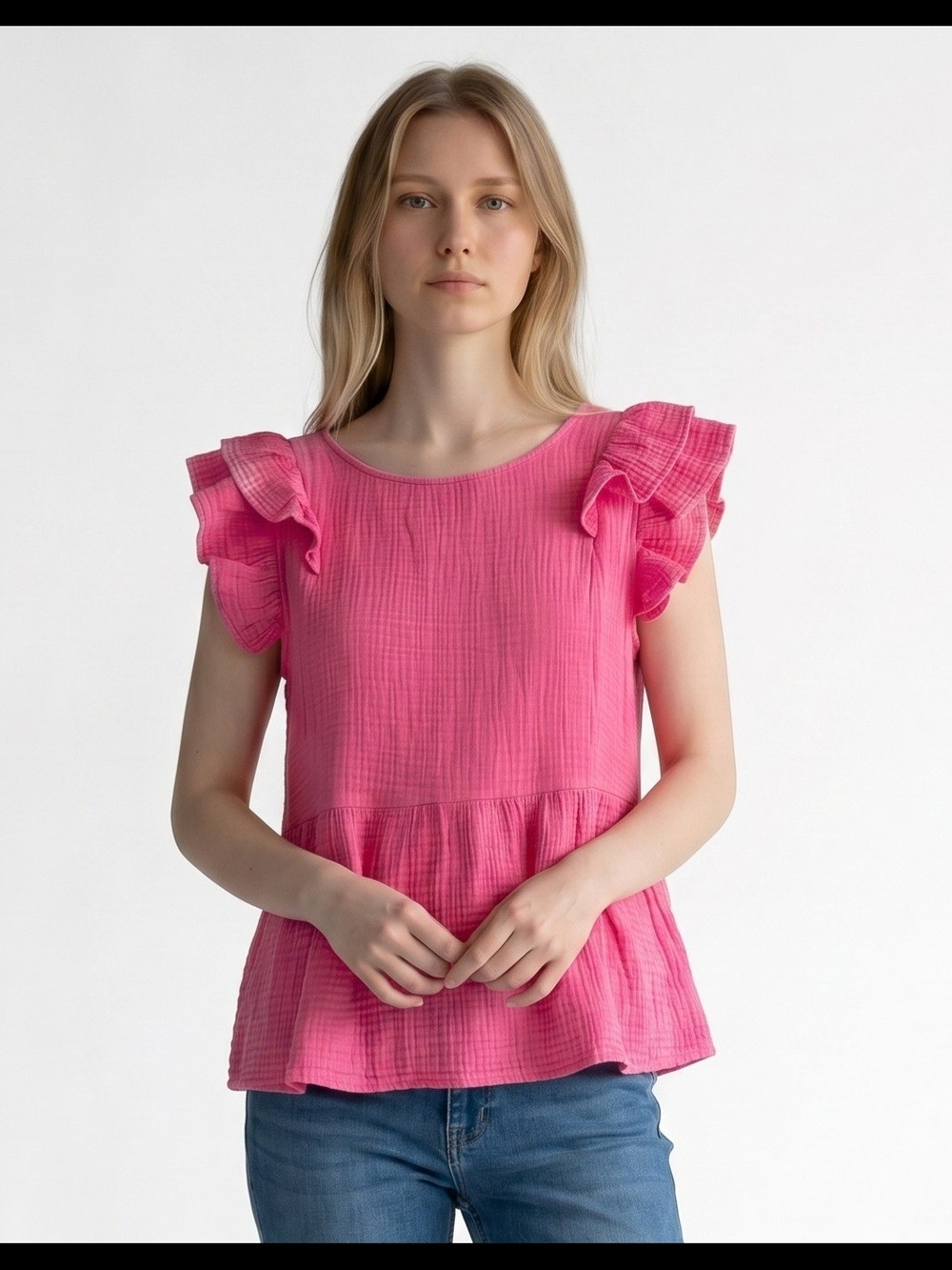 ZENANA Women’s Pink Ruffle Sleeve Peplum Top